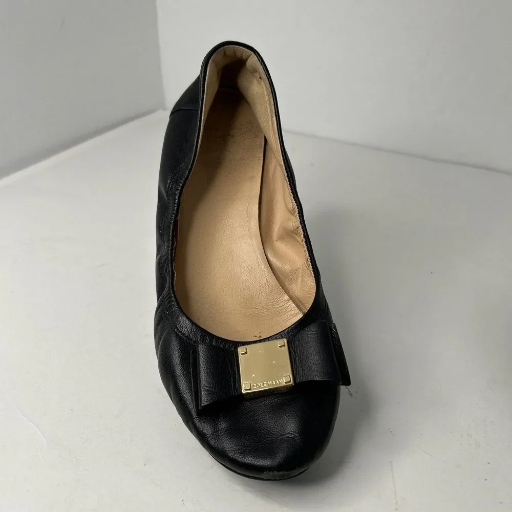 Cole Haan Tali Black Leather Ballet Ballerina Flat Shoes Bow Slip-on Comfort - 7